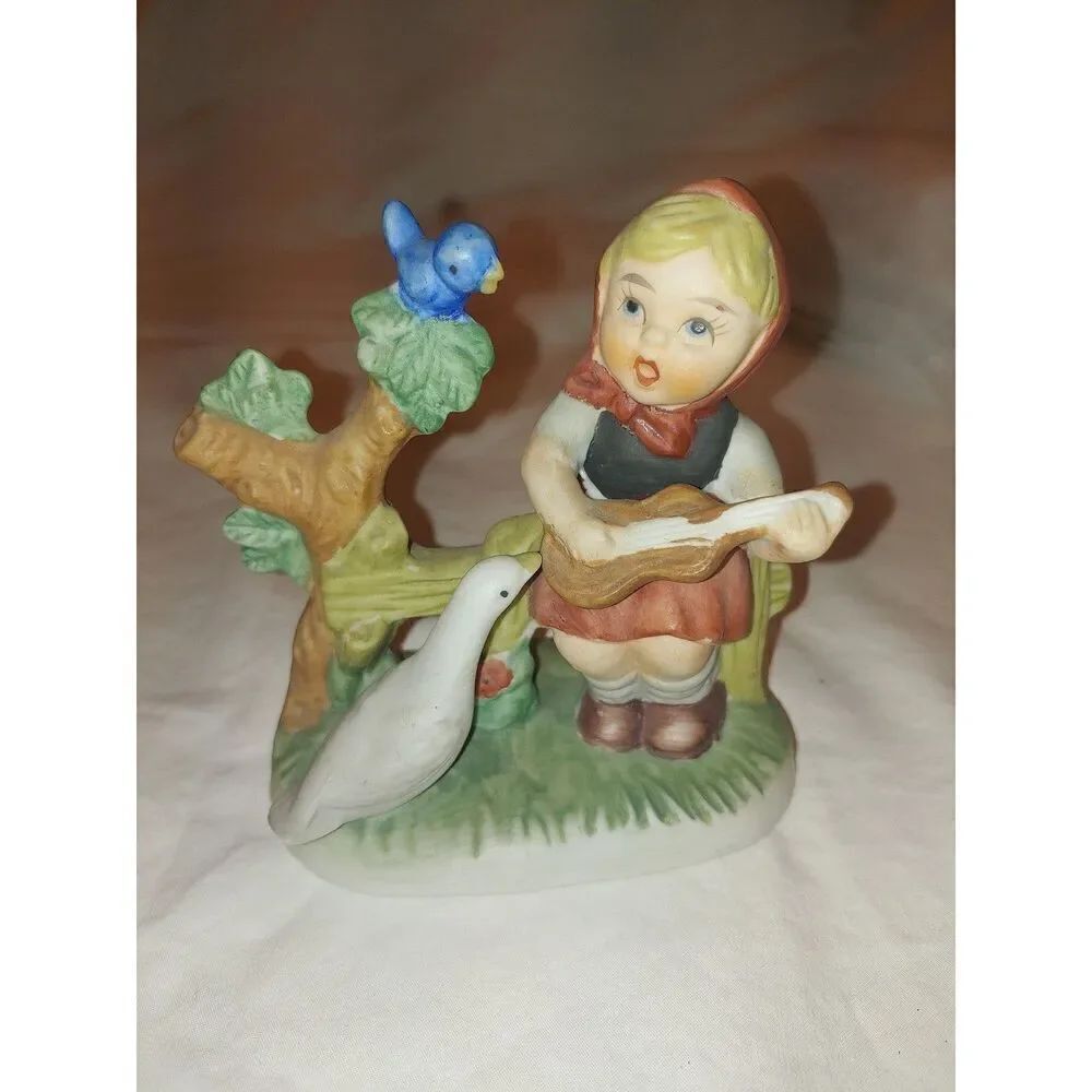 Vintage Porcelain Ceramic Young Girl with Violin & Duck Figurine
